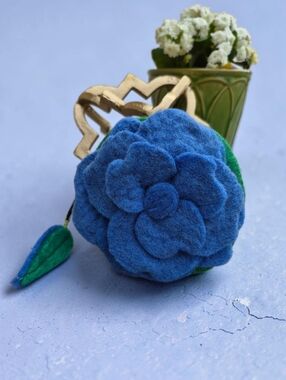 Handcrafted Blue Felt Camelia Flower with Green Leaf Accent Coin Purse